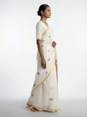 Cotton Off White Saree with Minimal Lotus Motifs and Designer Pallu