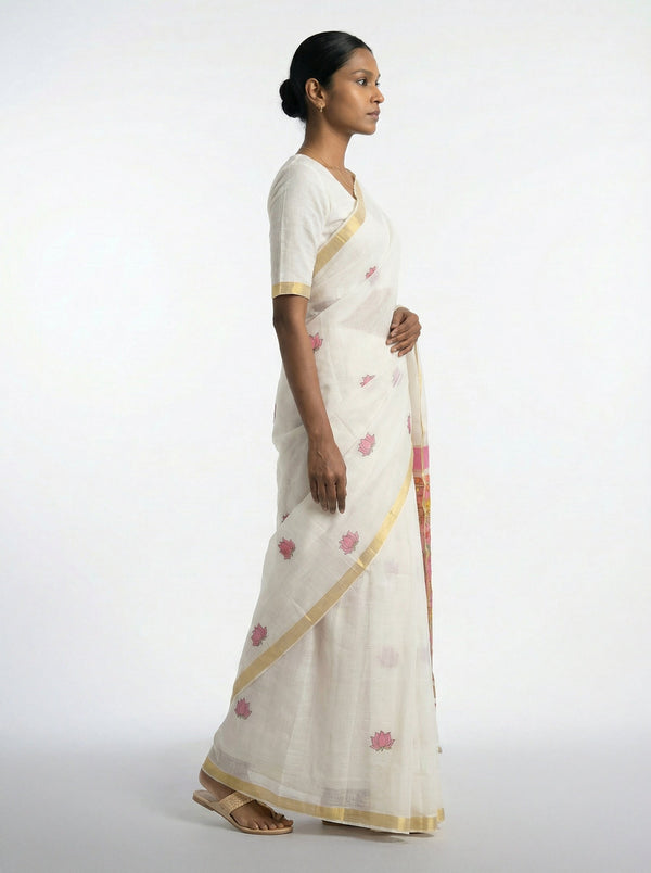 Cotton Off White Saree with Minimal Lotus Motifs and Designer Pallu