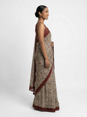 Chanderi Cotton Maroon And Beige Printed Saree