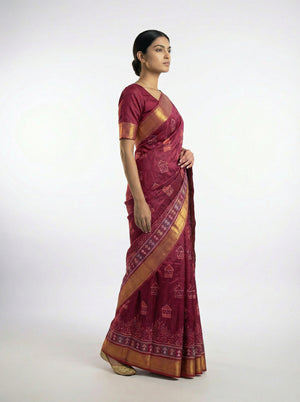 Chanderi Cotton Maroon Saree with Tribal Printed Pattern and Zari Border