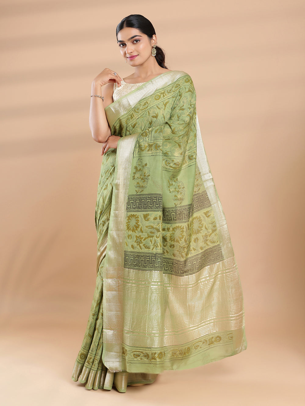 Olive Green Color Semi Tusser Saree With Floral Print Design On Body