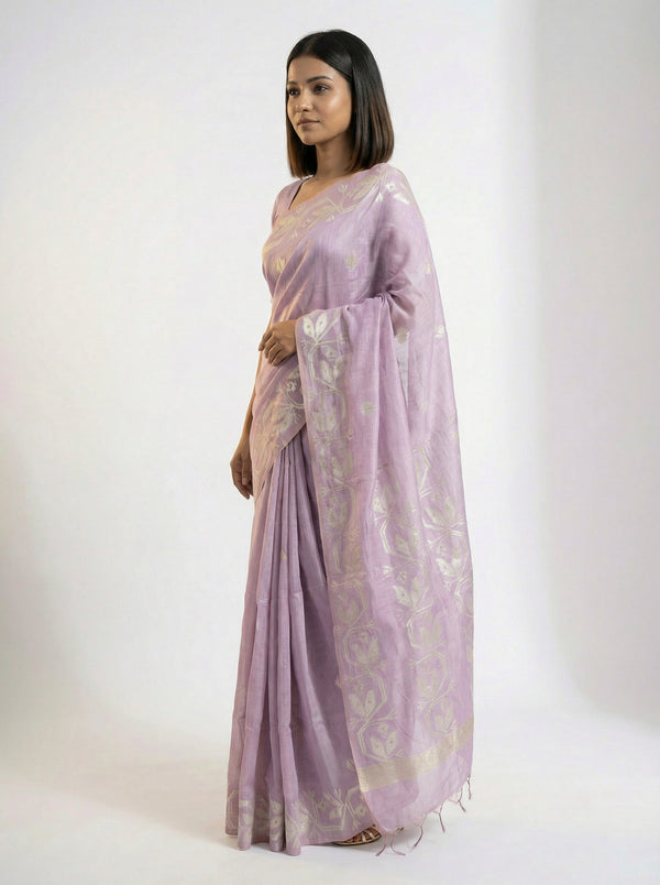 Semi Chanderi Lavender Saree with Small Butta Pattern Blouse
