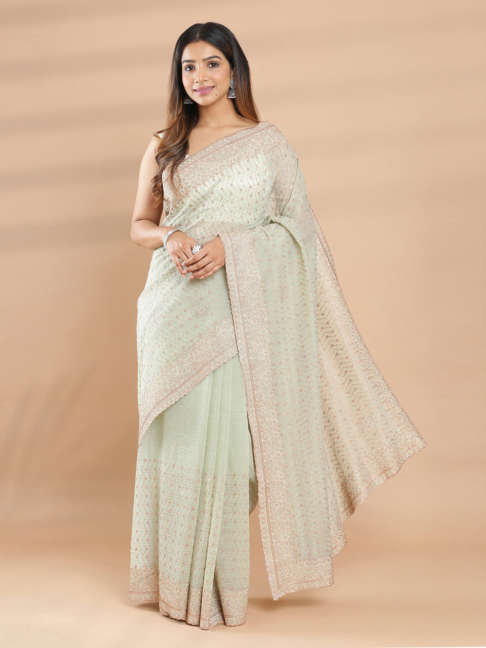 Light Olive Green Color Crushed Georgette Saree With Embroidery On Body