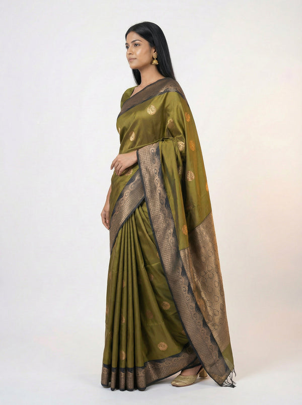 Semi Soft Silk Elegant Olive Green  Saree with Spread Butta Design