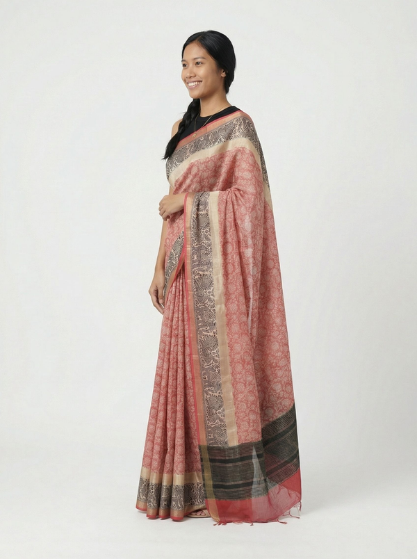 Chanderi Cotton Pink And Black Printed Saree