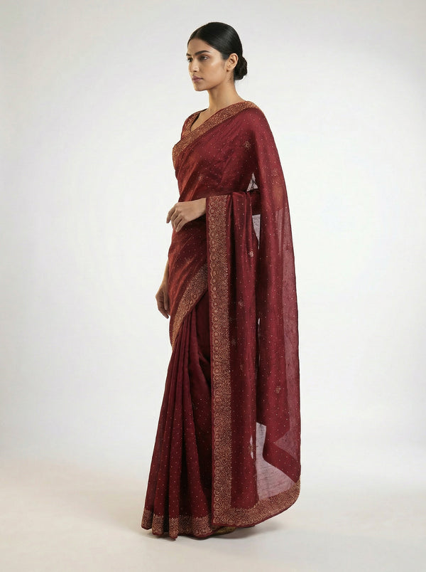 Vijithra Silk Maroon Red Stone Work  Border Designer Saree