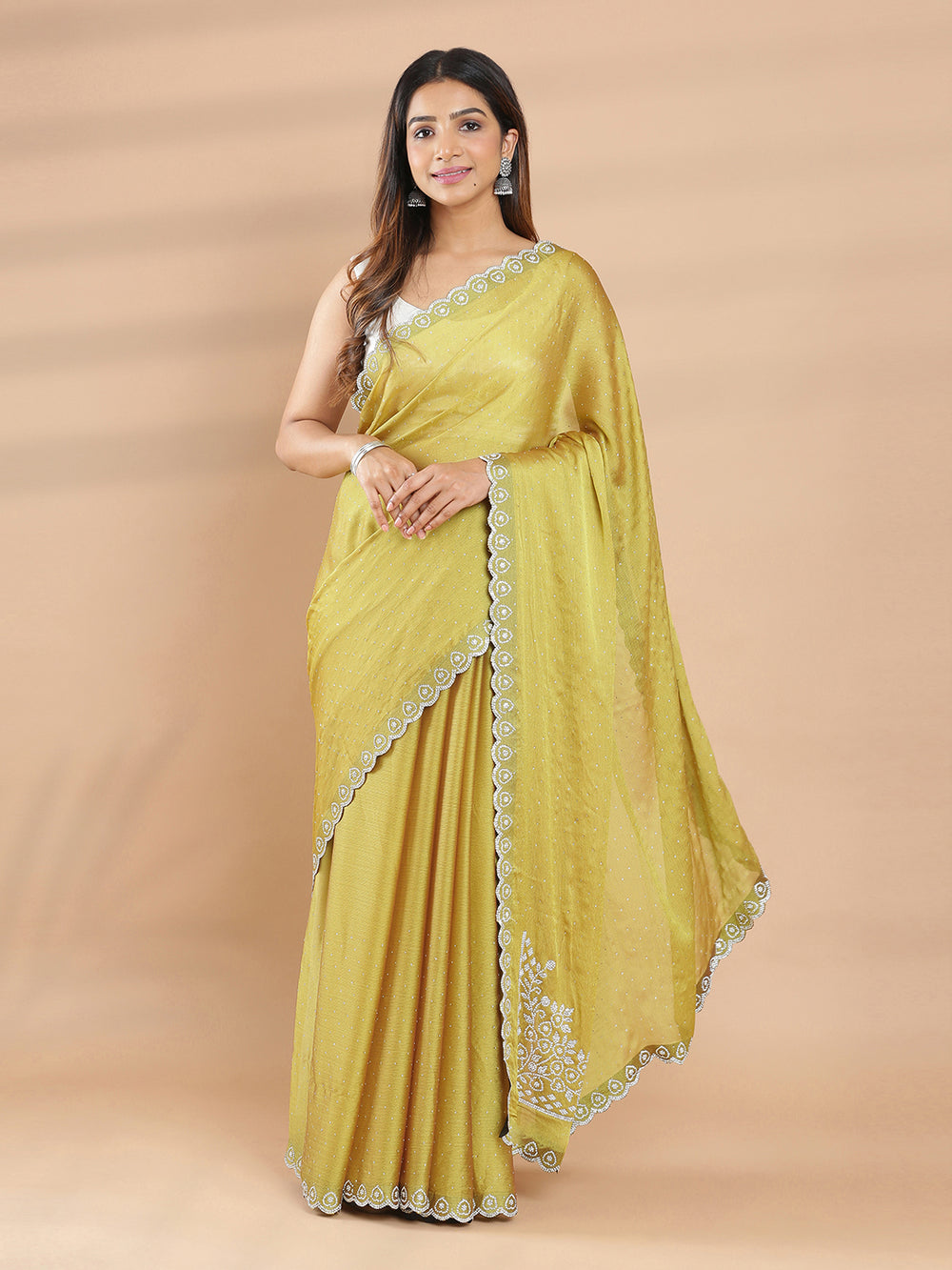 Golden Green Color Chiffon Saree With White Spreaded Mini Stone Work All Over Design