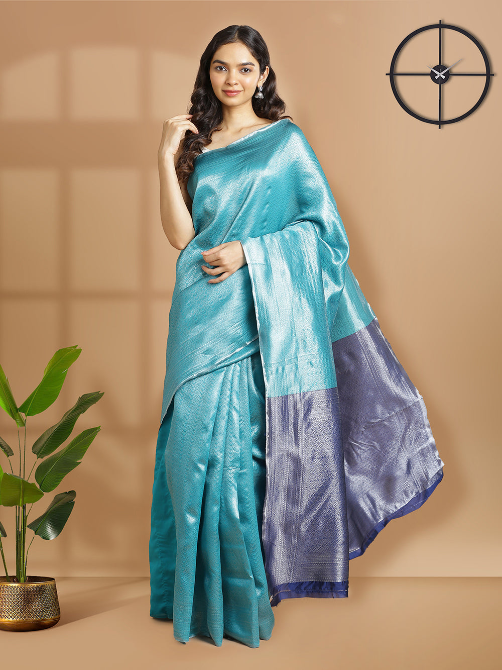 Teal Green Color Silver Woven Designed Art Silk Saree With Navy Blue Pallu