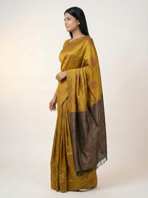 Silk Premium Ochre Yellow Saree with Bottle Green Contrast Blouse