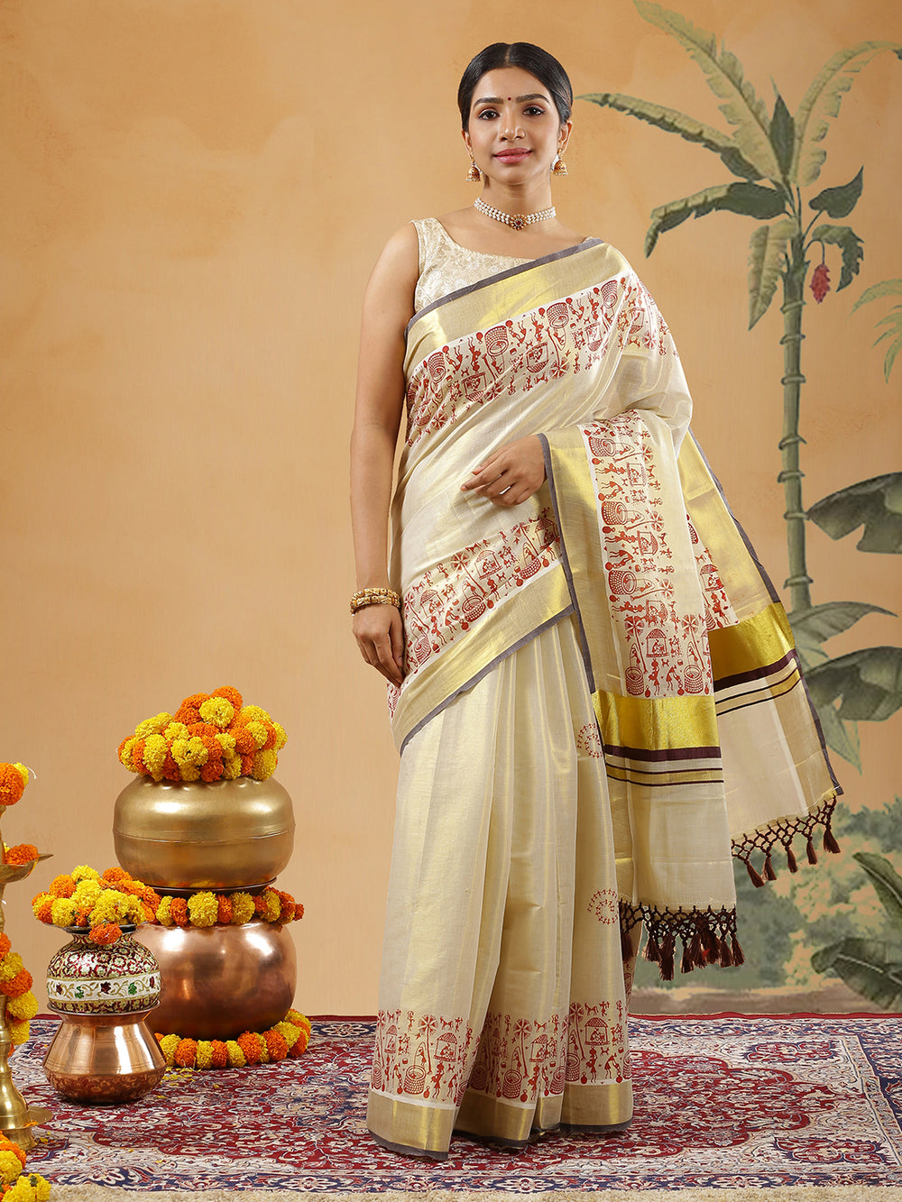 Golden Tissue Coffee Brown Border Set Saree With Red Color Warli Print Near Border