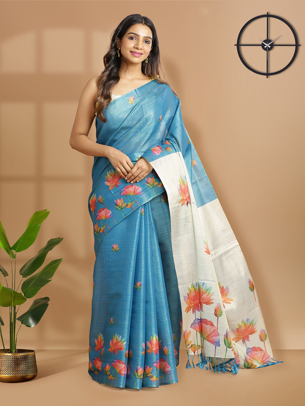 Peacock Blue Tissue Saree And Golden Color Pallu With Floral Print Design