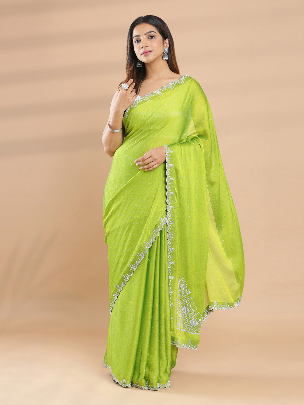 Bright Parrot Green Color Chiffon Saree With Spreaded Stone Work All Over Design And Border