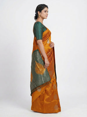 Semi Silk Elegant Mustard  Saree with Contrast Green Brocade Blouse