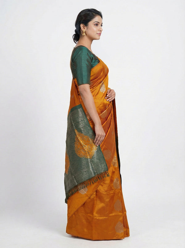 Semi Silk Elegant Mustard  Saree with Contrast Green Brocade Blouse
