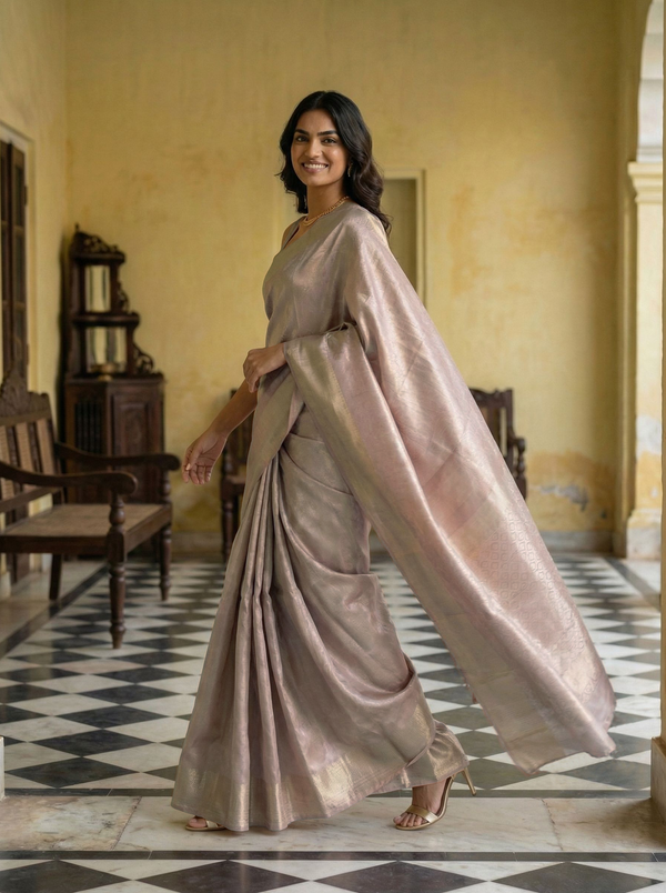 Kanjivaram Pure silk Silver Metalic Lavender Self Design Brocade Saree