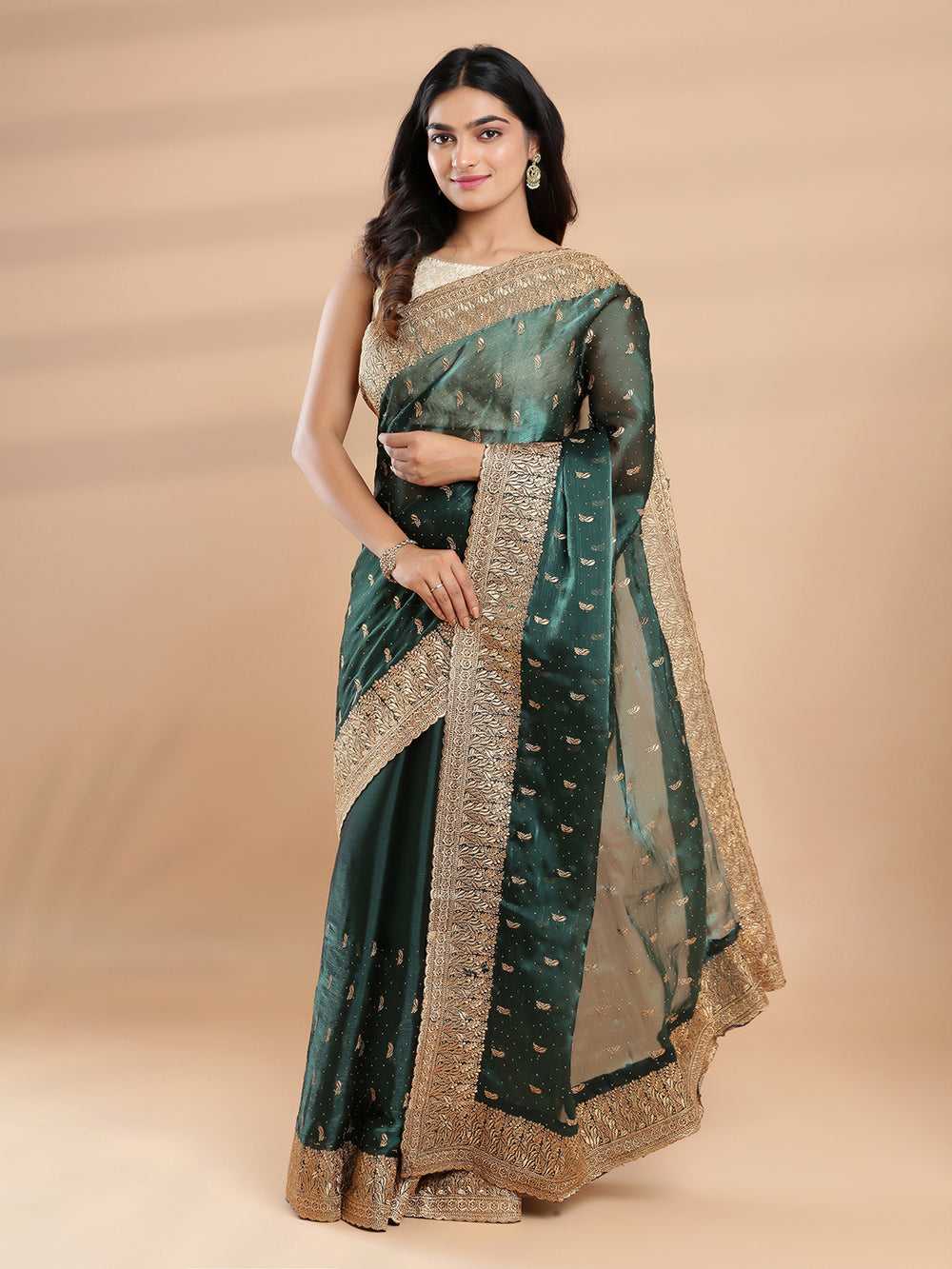 Bottle Green Color Organza Saree With Golden Small Buttas & Mini Stone Works