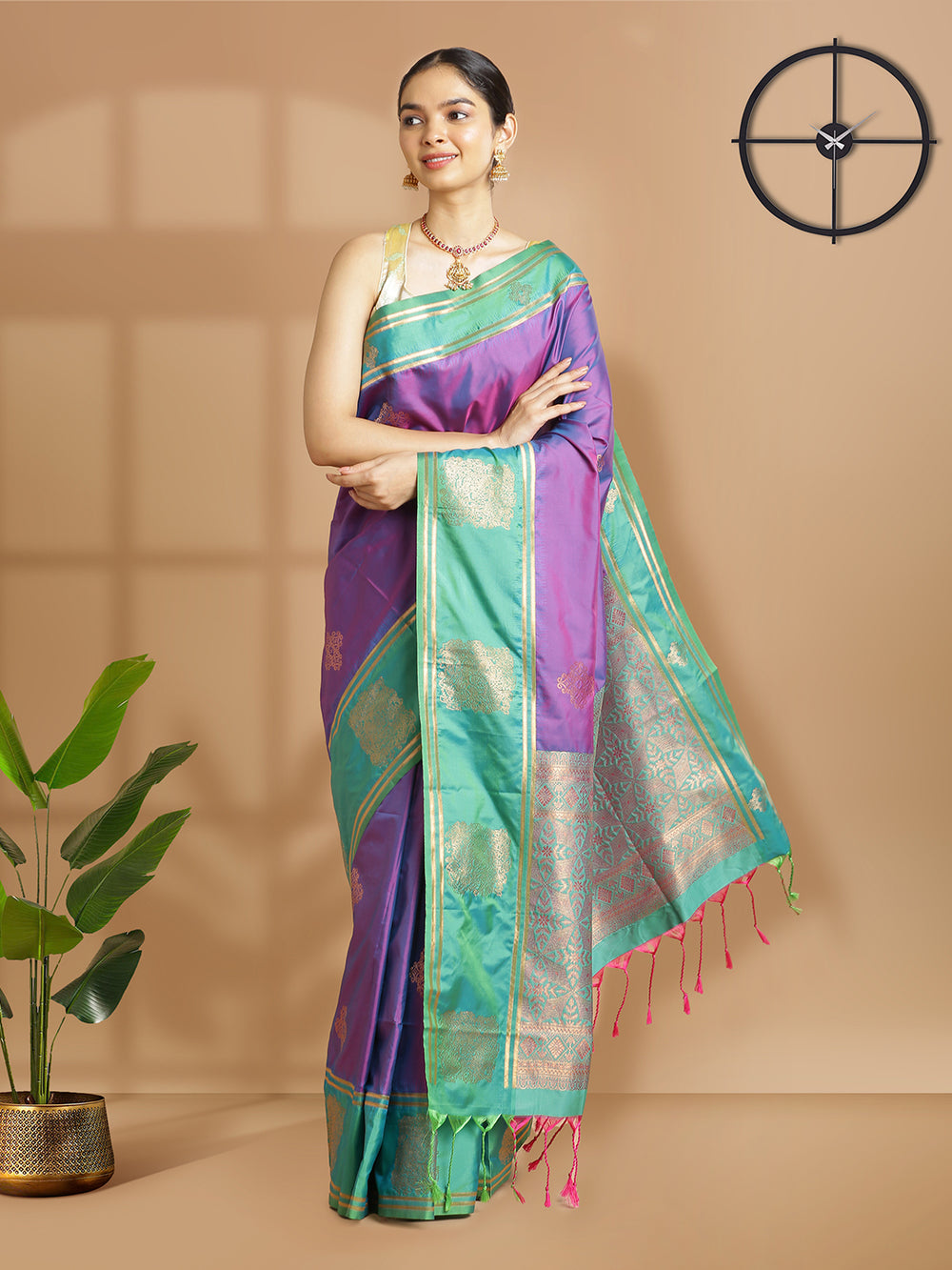 Violet Art Silk Saree With Copper Color Buttas And Green Border