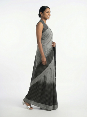 Cotton Ash Grey Saree With Black Checked Border