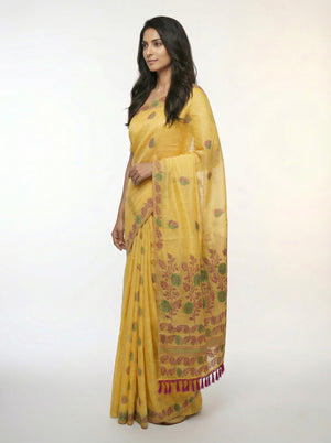Semi Chanderi Ochre Yellow Traditional Saree with Leaf Pattern Weave