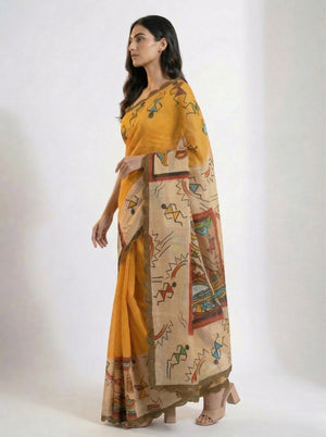Cotton Mustard Yellow Saree with Artistic Tribal Print