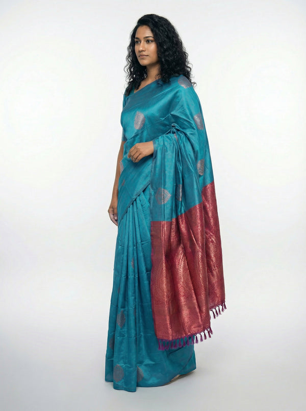 Semi Silk Peacock Green Traditional Saree with Self Butta Design Blouse