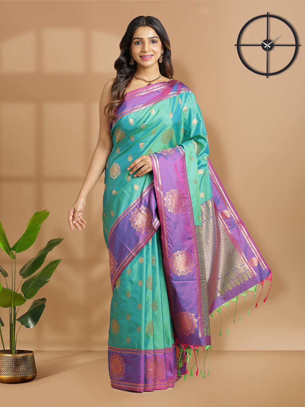 Peacock Green Art Silk Saree With With Buttas And Purple Border