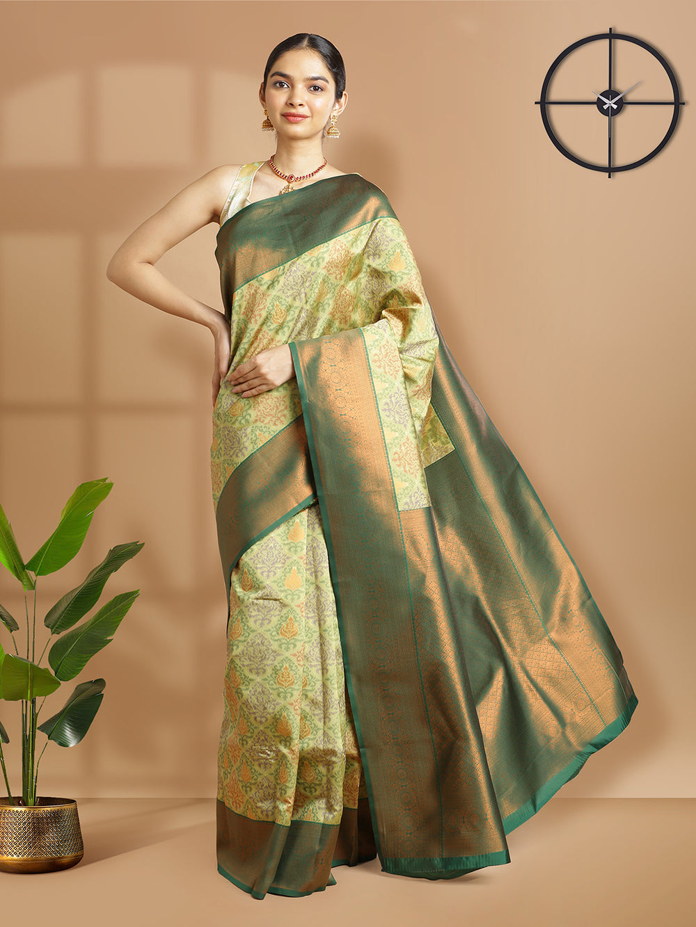 Pista Green Art Silk Saree With Ikat Design Over Body And Bottle Green Border