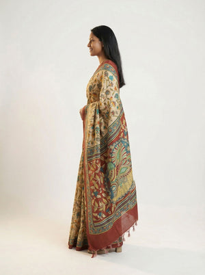 Chanderi Cotton Beige Kalamkari Inspired Saree