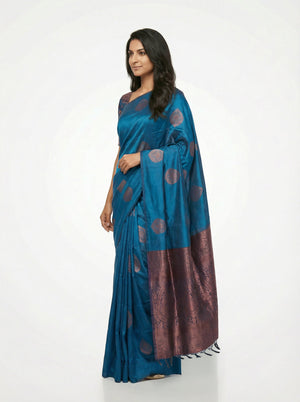 Semi Silk Elegant Kingfisher Blue Saree with Paisley Pattern Work
