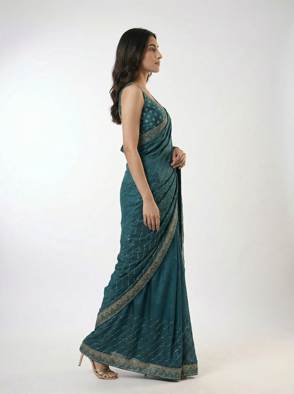 Vijithra Silk Peacock Blue Wave Design Stone Work Designer Saree