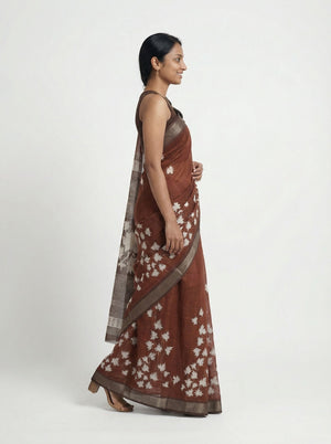 Chanderi Cotton Brown Floral Printed Pattern Saree