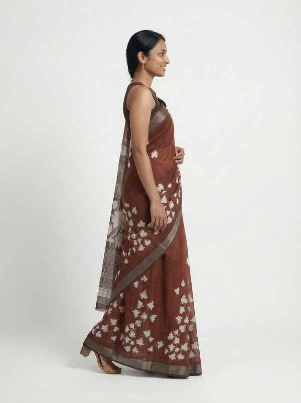 Chanderi Cotton Brown Floral Printed Pattern Saree