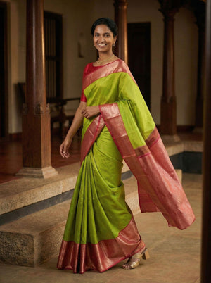 Kanjivaram Pure Silk Parrot Green and Pink Traditional Zari Saree