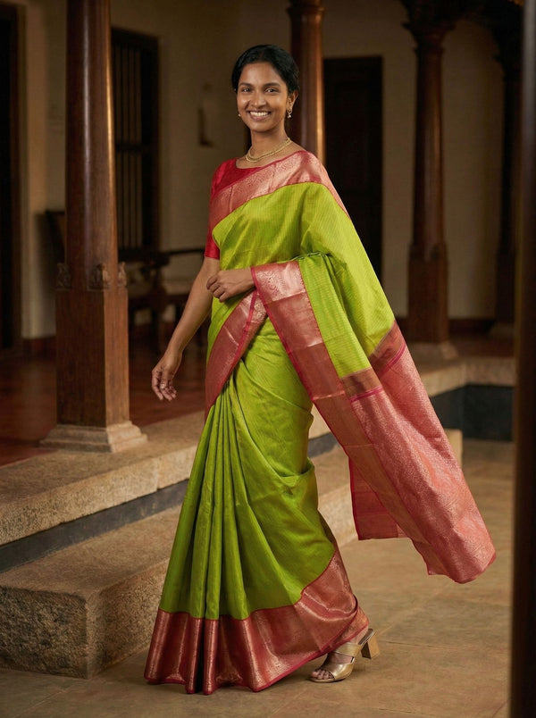 Kanjivaram Pure Silk Parrot Green and Pink Traditional Zari Saree
