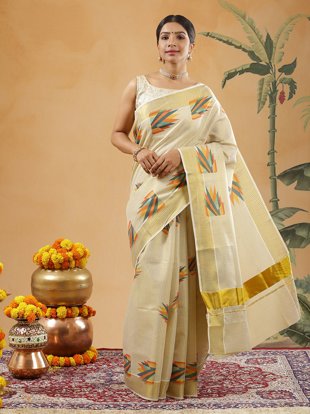 Golden Tissue Golden Border Striped Set Saree With Multi Color Abstract Print