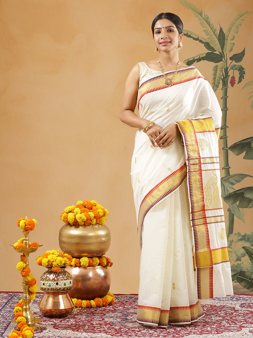 Off White Color Cotton Set Saree With Red And Violet Temple Designed Kasavu Border