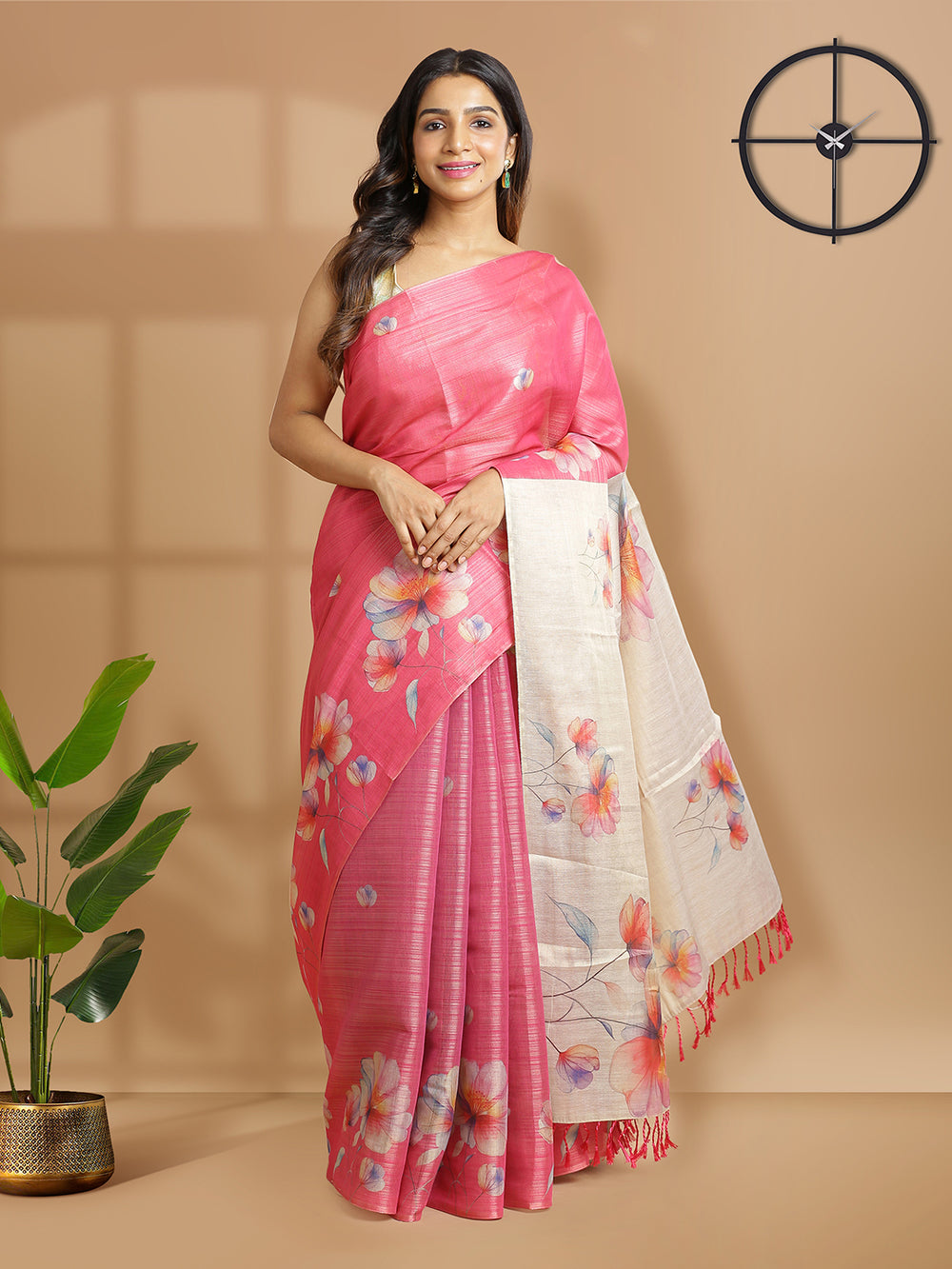 Pink Color Tissue Saree And Golden Color Pallu With Multi Floral Print Design