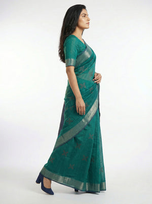 Art Silk Bottle Green Zari Motif Saree with Contrast Border