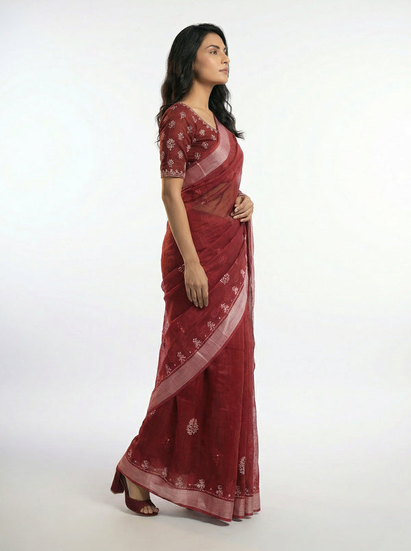 Chanderi Cotton Maroon Red Saree with Zari Border and Floral Butti Work