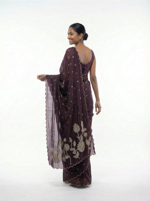 Organza Dark Purple Floral Butti Designer Saree with Scalloped  Border