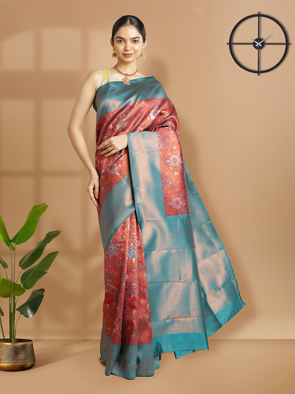 Maroon With Copper Tissue Saree With Floral Design And Peacock Green Border