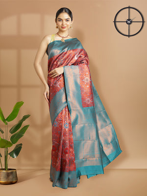 Maroon With Copper Tissue Saree With Floral Design And Peacock Green Border