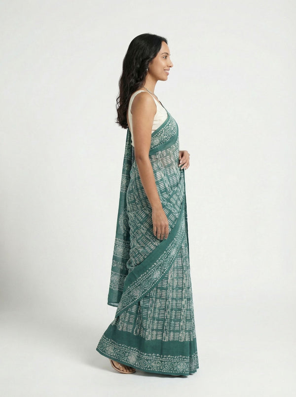Chanderi Cotton Teal White Handblock Print Saree
