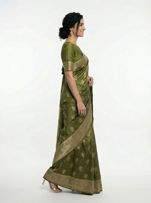 Art Silk Olive Green Zari Woven Saree with Floral Butta