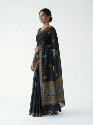 Chanderi Cotton Black Printed Ethnic Saree