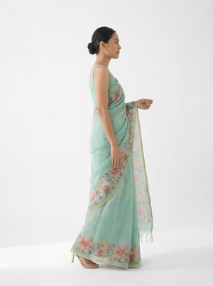 Linen Mint Green Floral Print Saree