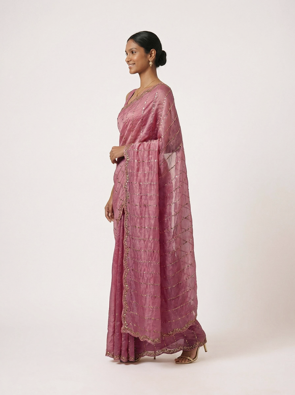 Organza Rose Pink Sequence Pattern  Striped Designer Saree