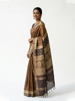 Semi Jute Coffee Brown Traditional Motif Border Saree