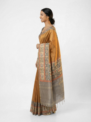 Chanderi Cotton Saree Mustard Yellow & Grey Floral Printed Pattern Saree