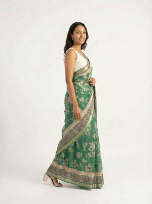 Chanderi Cotton Green And Beige Floral Printed Saree